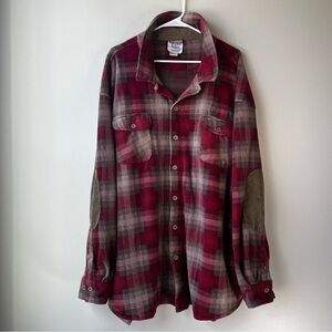 VTG Ducks Unlimited Men's 3XL Red Brown Plaid Fleece LS Shirt Elbow Patches